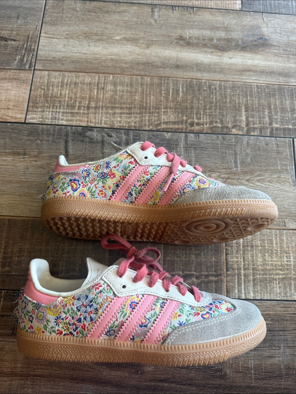 adidas Kids Pink Floral Sneakers with Gum Sole